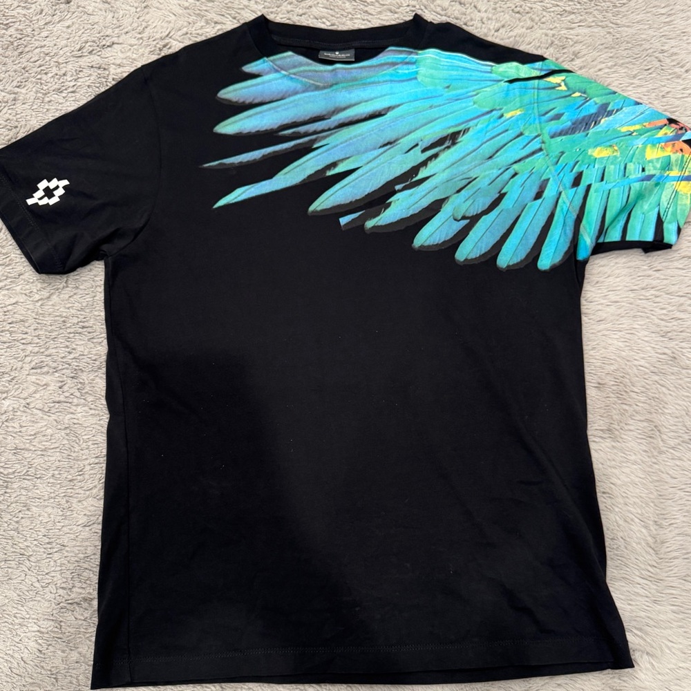 Black Short Sleeve Tee with Colorful Feather Design